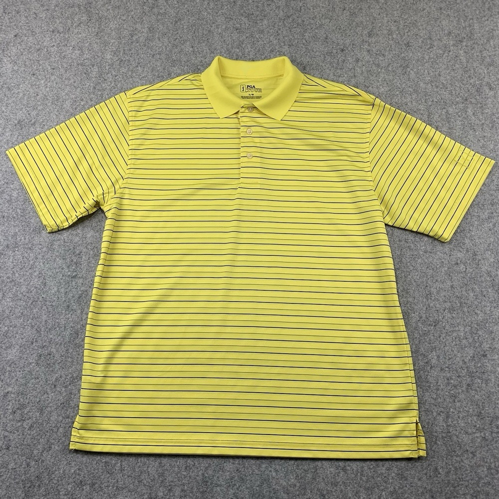 PGA Tour Mens Bright Yellow Striped Short Sleeve Polo Shirt Size Large